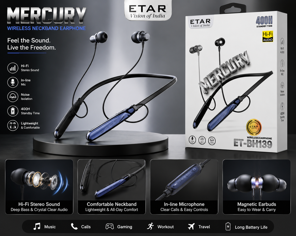 ETAR Mercury Wireless Neckband Earphones – Hi-Fi Sound, 400H Standby, Noise Isolation