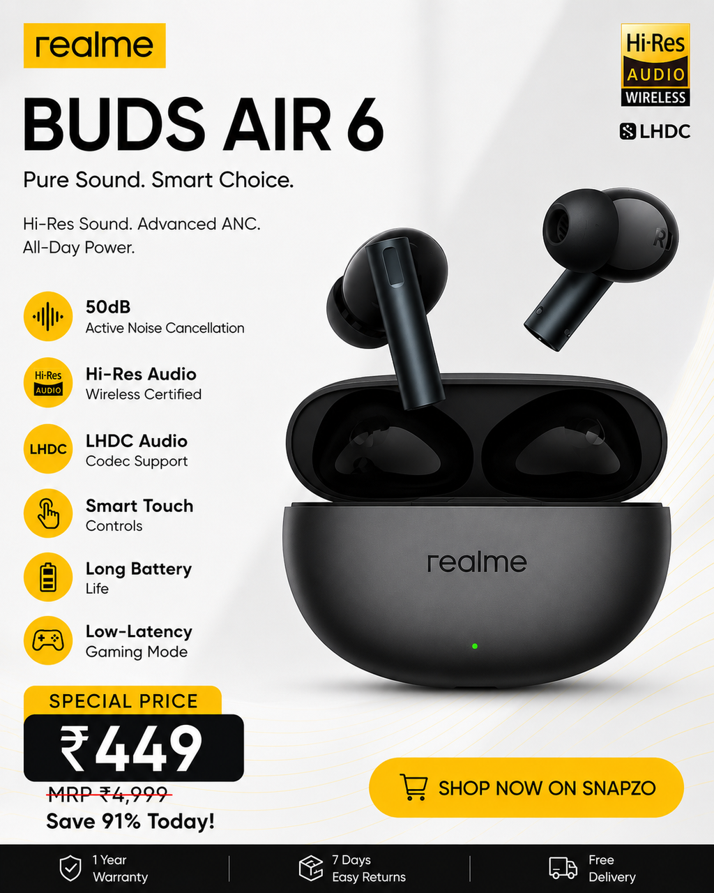 realme Buds Air 6 TWS Earbuds with 50dB ANC, Hi-Res Audio & LHDC | Punk Black