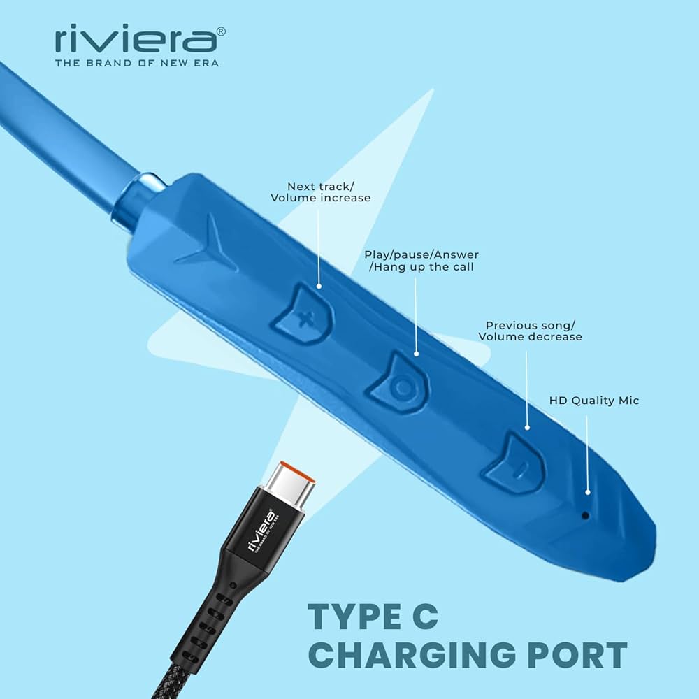 Riviera ZUBA Bluetooth Neckband Wireless Earphones | Type-C Charging | 180H Standby | Noise Reduction