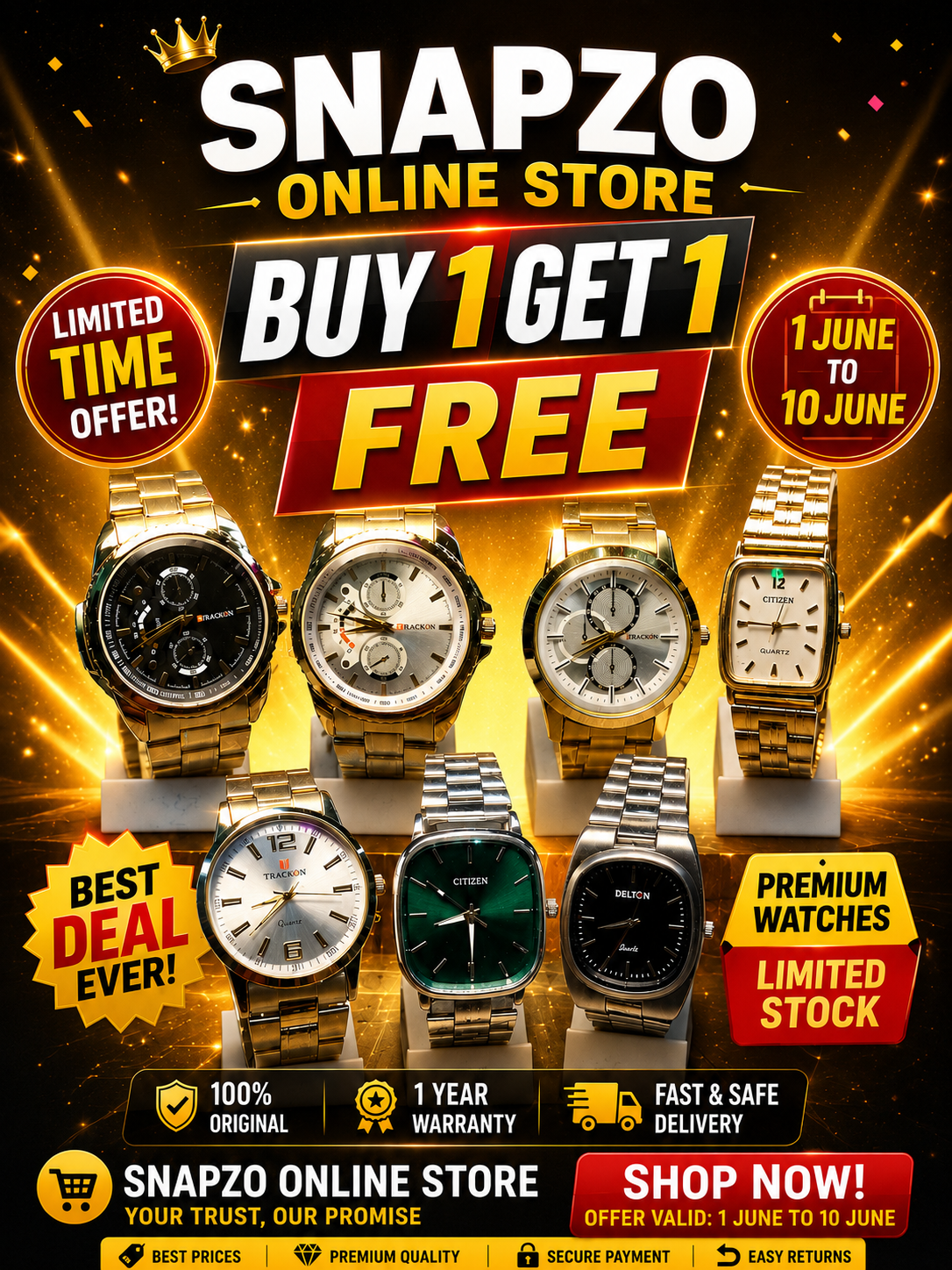 ⌚🔥 BUY 1 GET 1 FREE – Premium Watch Sale at Snapzo! 🔥⌚