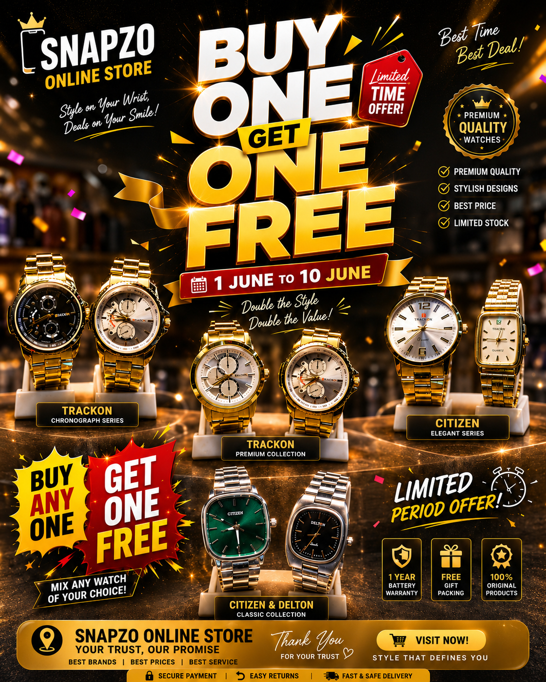 ⌚🔥 BUY 1 GET 1 FREE – Premium Watch Sale at Snapzo! 🔥⌚